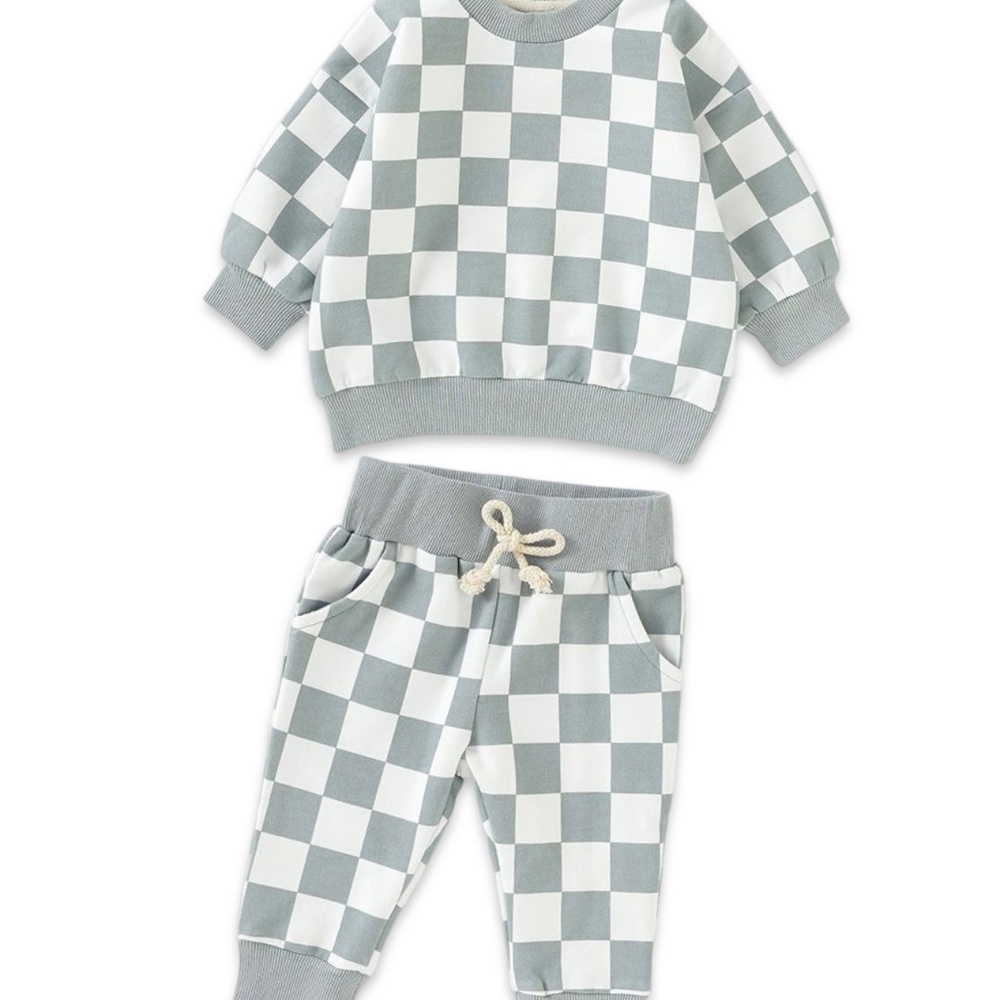 18-24 Months blue and white French terry checkered toddler sweater set!